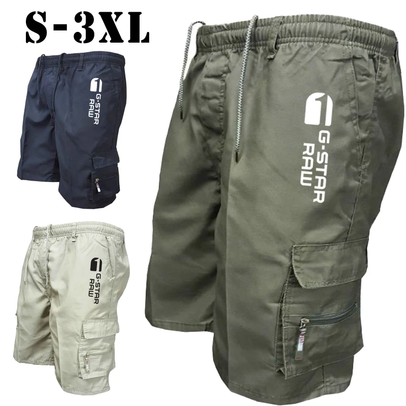 Spring Summer New Men's Print Cargo Shorts Fashion Casual Drawstring Multi-Pocket Loose Short Pants Male Solid Color Streetwear