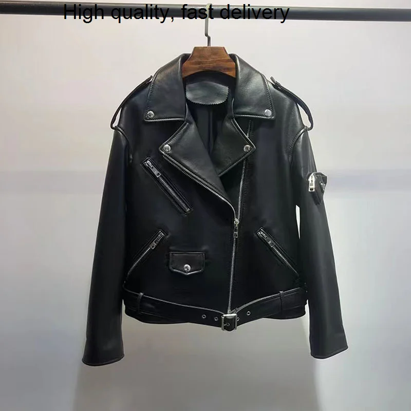 

Leather Jacket Genuine Women Coat Spring 2023 New Arrival Short Length Locomotive Model Style Pocket Decoration Turn-Down Collar