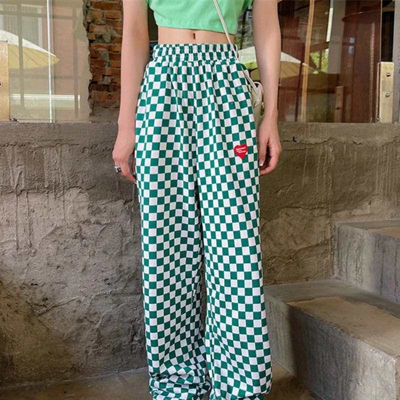 

American Retro Tide Brand Checkerboard Love Plaid Pants Women's Fashion 2022 New Loose High Waist Casual Pants Trend
