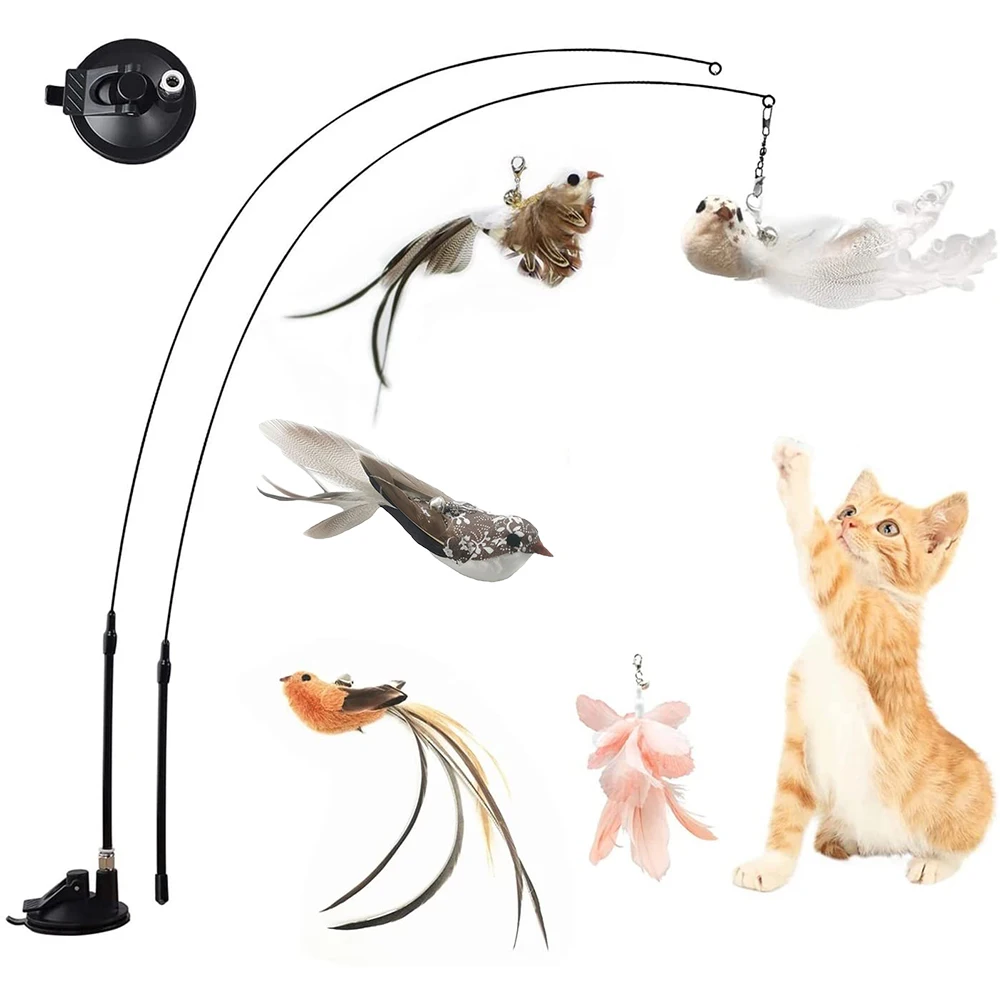 

Забавная имитация птицы, Интерактивная игрушка с пером для кошек с колокольчиком на присоске, игрушка-палочка для кошки в помещении, игрушк...
