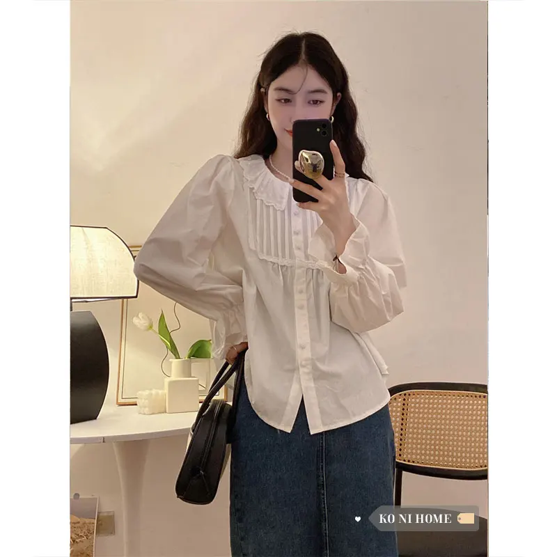 

Korobov Autumn Solid Color Sweet blouses Lace Ruffles Doll's Collar Long Sleeve shirts Korean Fashion Blusas Mujer De Moda 2022