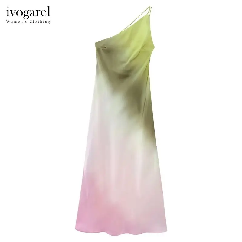 

Ivogarel Woman's Tie-Dye Asymmetric Neckline Open Back Dress with Thin Straps, Elegant Luxury Evening Party Dress
