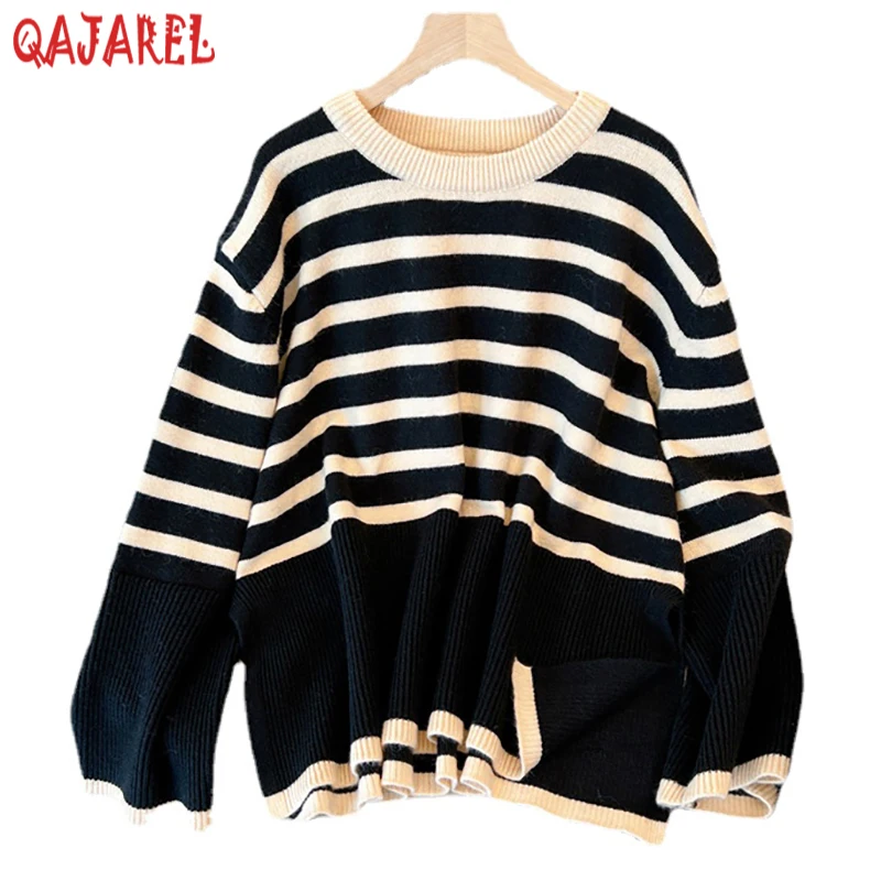 

Женские вязаные шерстяные пуловеры в черную полоску, новинка 2023, корейские элегантные повседневные свободные свитера, осенне-зимние толстые теплые свитера