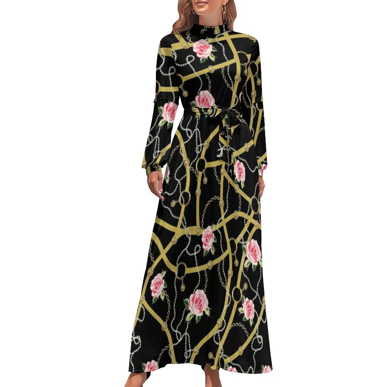 

Женское платье с длинным рукавом и принтом роз, современное Макси-платье с высокой талией, уличная одежда, индивидуальные пляжные длинные платья в стиле бохо, подарок