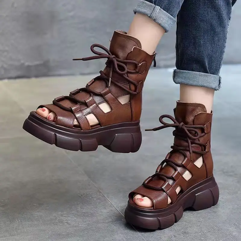 

2022 New Summer Black Women Leather Sandals Cool Ankle Boots Platform Shoes Wedges Women's Sandals Fashion Outdoor Sandalias