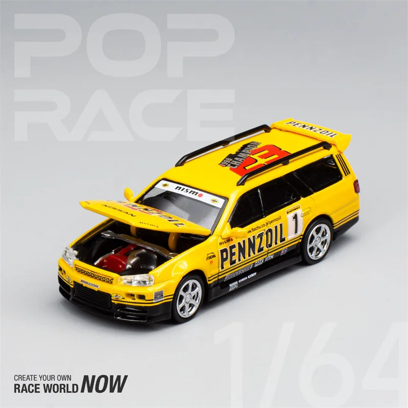 

Популярная гонка 1:64 Nissan R34 STAGEA PENNZOIL желтая литая модель автомобиля