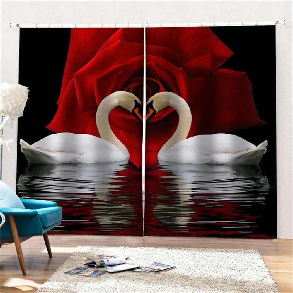 Занавески с рисунком лебедей и роз утолщенные шторы художественным принтом