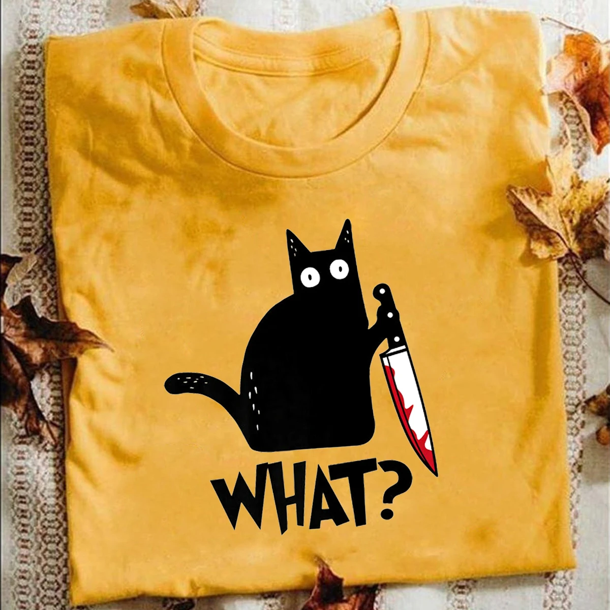 

Cat What T Shirt Murderous Cat With Knife Funny Halloween Gift Unisex High Quality Men's 100% Cotton Novelty T-Shirt Women Tee