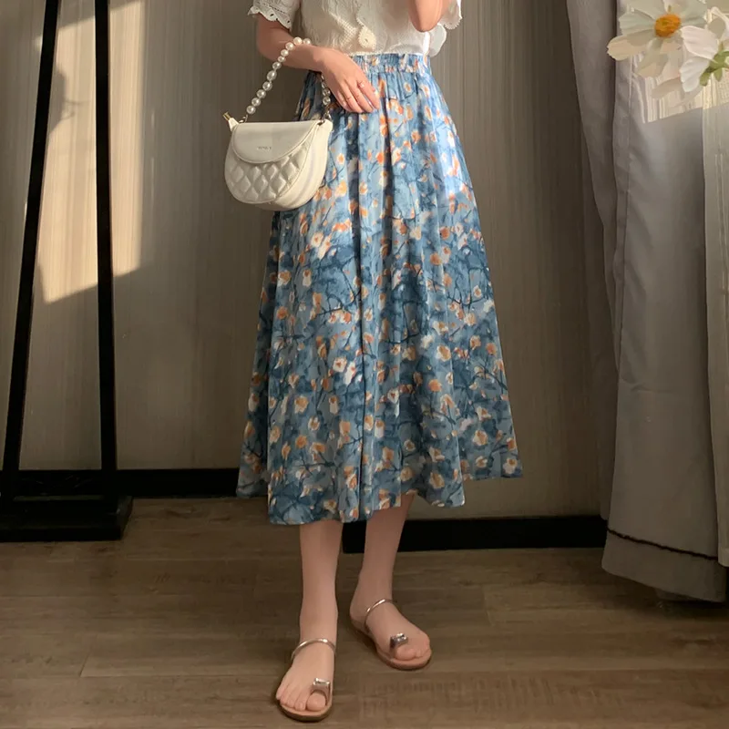 

Женская юбка с цветочным принтом, синяя трапециевидная юбка с масляным принтом, в Корейском стиле, весна-лето 2022