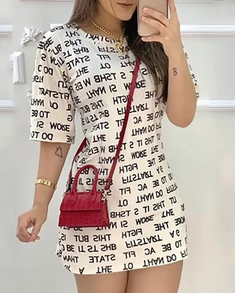 

Summer Women's Letter Print Short Sleeve Casual Dress Commuter Office Mini Dresses 2022 Lady Fashion New Clothing