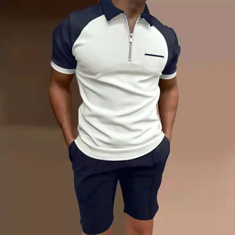2023 Mens Shorts Set Patchwork Summer Tracksuit Fashion Solid Color 2 Piece Sets Male Casual Zipper Polo Shirt Short Sleeve Suit