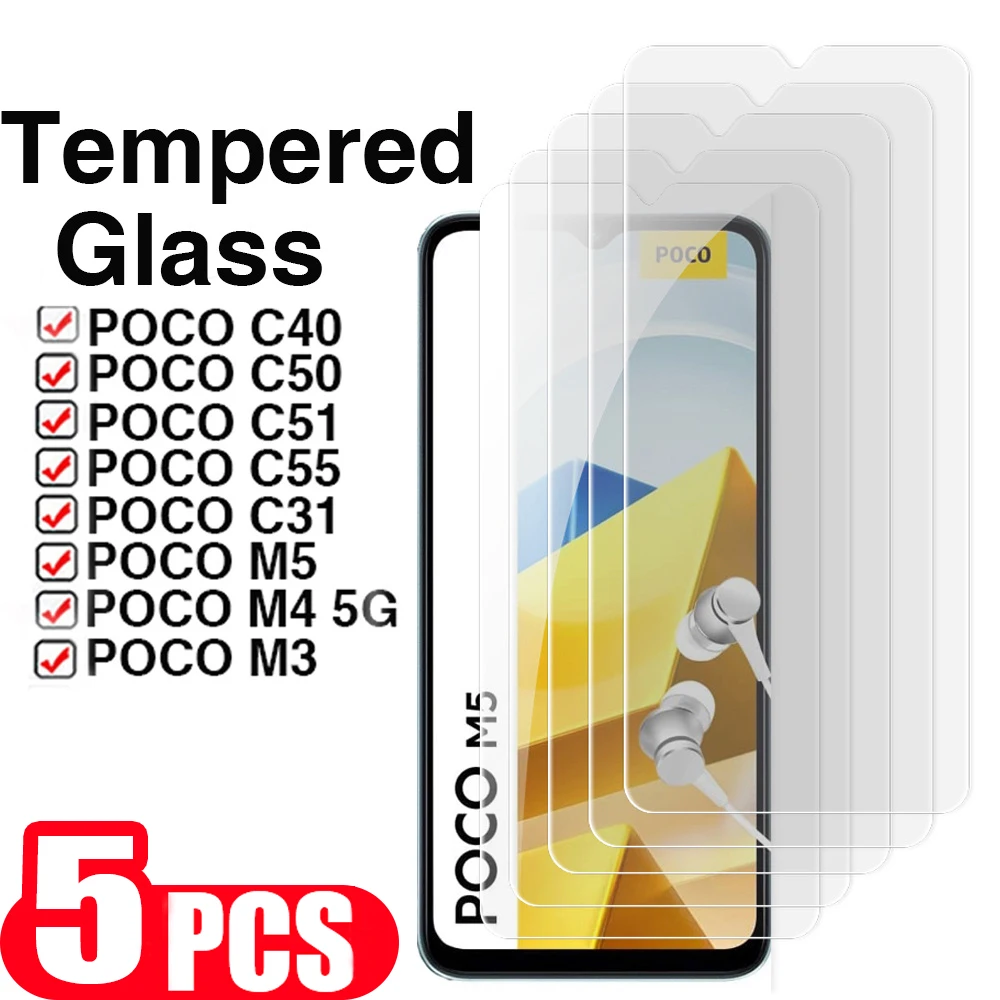 

5 шт. для xiaomi Poco C50 C40 M4 M5 F5 Pro C51 C55 M3 C31, закаленное стекло, защита экрана смартфона, защитная пленка, стекло