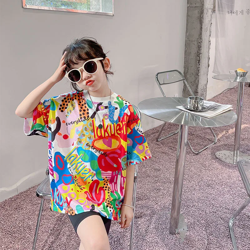 

Girls' T-shirt short sleeve 2022 new summer pure cotton half sleeve children's fashionable summer clothes 7-1