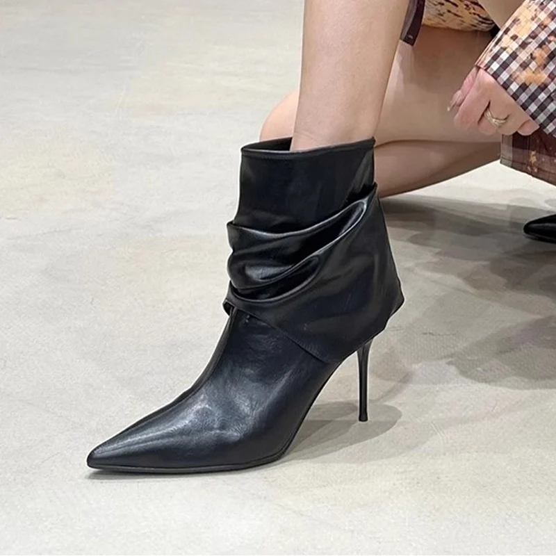 Сексуальные ботильоны на высоком каблуке с острым носком кожаные плиссированные