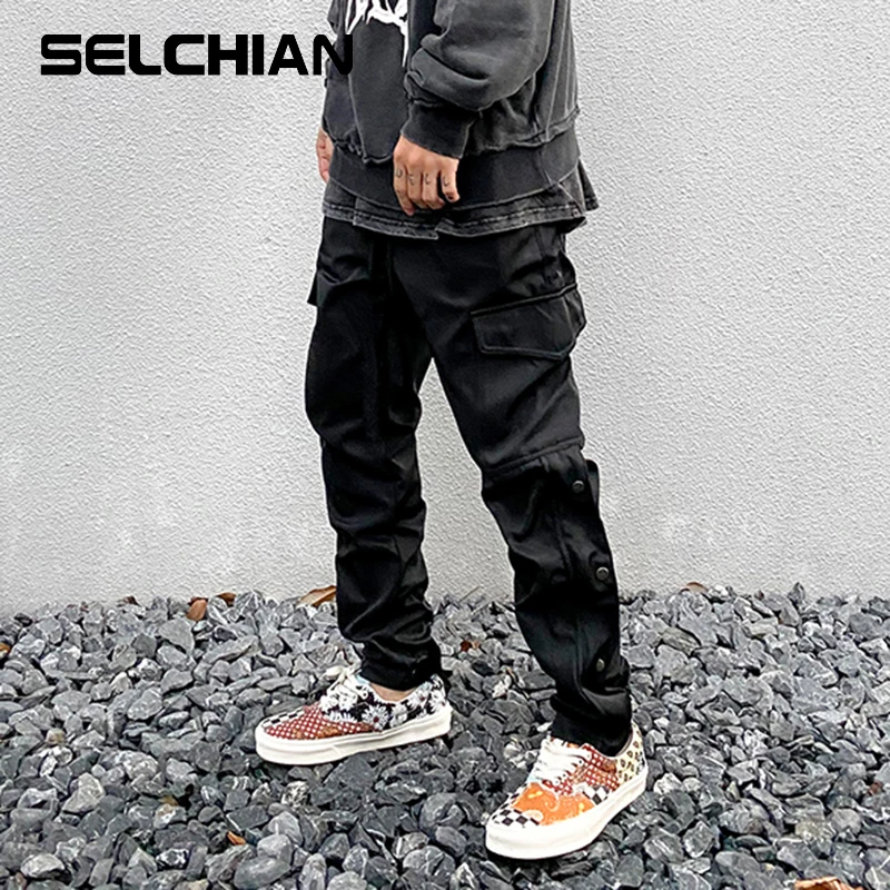 

Ribbons Streetwear Side Button Casual Trousers Mens Oversize Elastic Loose Pockets Cargo Pants Hip Hop Baggy Jogger Track Pants