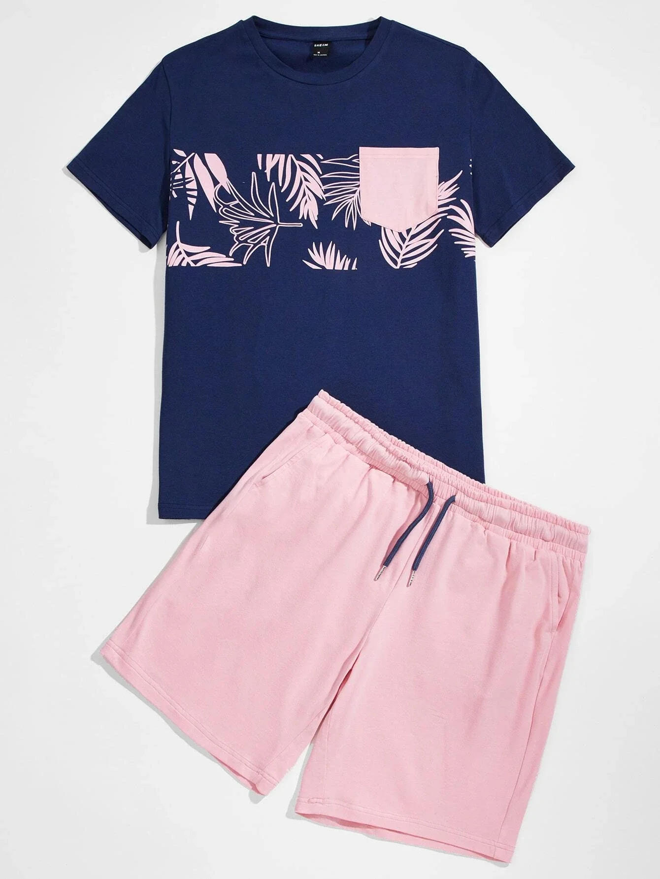 

Men Tropical & Colorblock Print Tee & Shorts Set