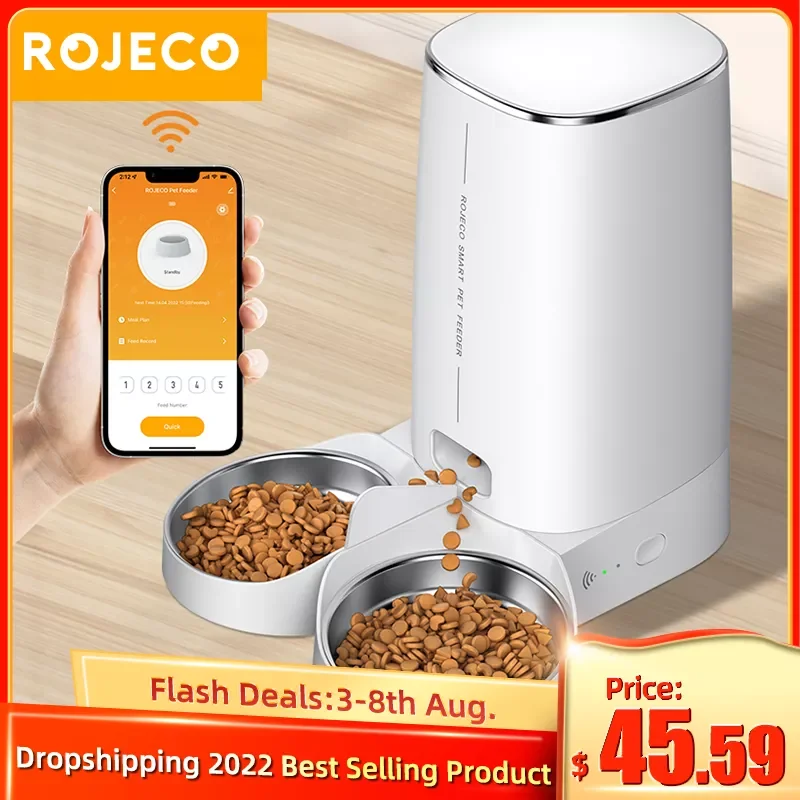

Автоматическая кормушка для домашних животных ROJECO, 4 л, диспенсер для кошек, аксессуары, дистанционное управление, Умная Автоматическая Wi-Fi ...