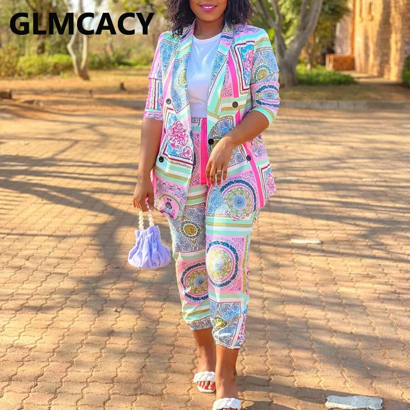 

Women Two Piece Vintage Printed Blazer Set Shawl Lapel Blazer Jacket & Slim Pants Set