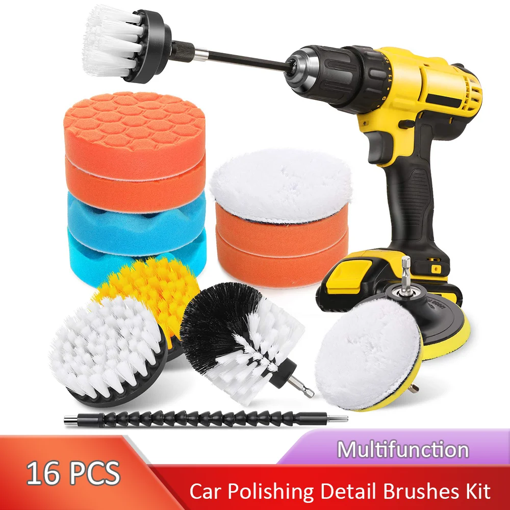 

16 Pcs Brush Car Detailing Kit Polishing Buffing Pads Soft Bristle Power Scrubber with Extend Attachment for Cleaning Automotive