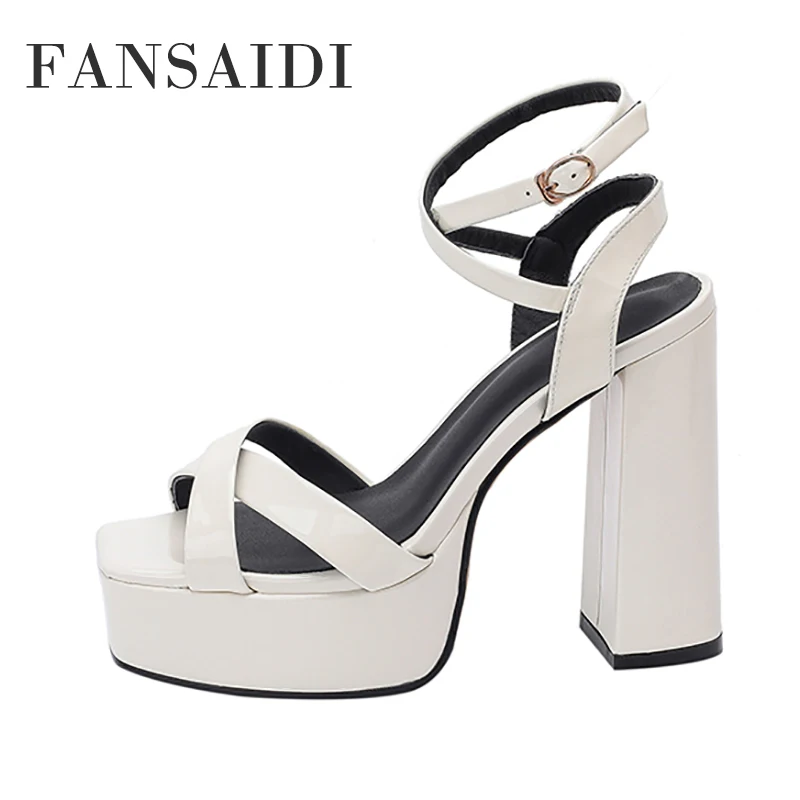 

FANSAIDI Waterproof Genuine Leather Platform Sandals Summer Fashion Block Heels Party Shoes New Chunky Heels Narrow Band Sexy