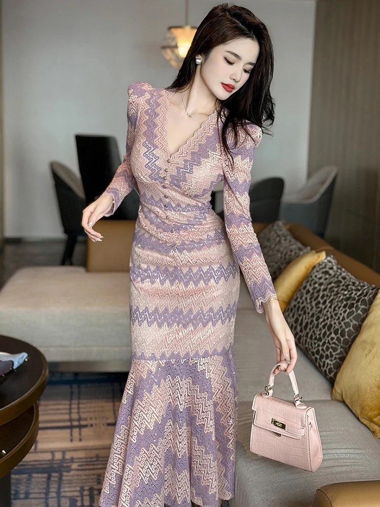 

Женское длинное кружевное платье-русалка, элегантное приталенное платье средней длины с V-образным вырезом, платье для выпускного вечера, весна-осень