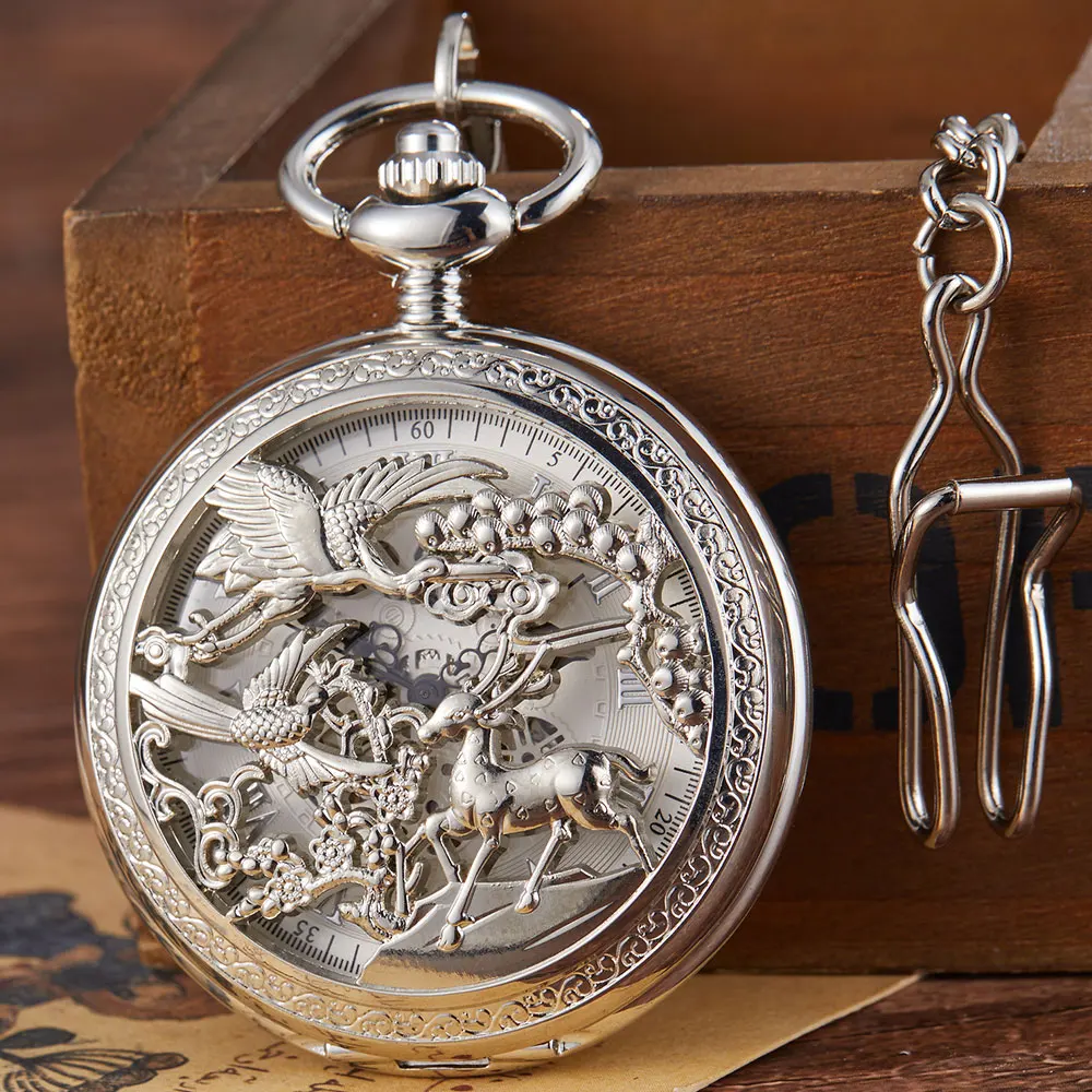 Vintage Bronze Crane Deer Carving Design Mechanical Pocket Watch FOB Waist Chain Hollow Steampunk Skeleton Hand Wind Mens Clock
