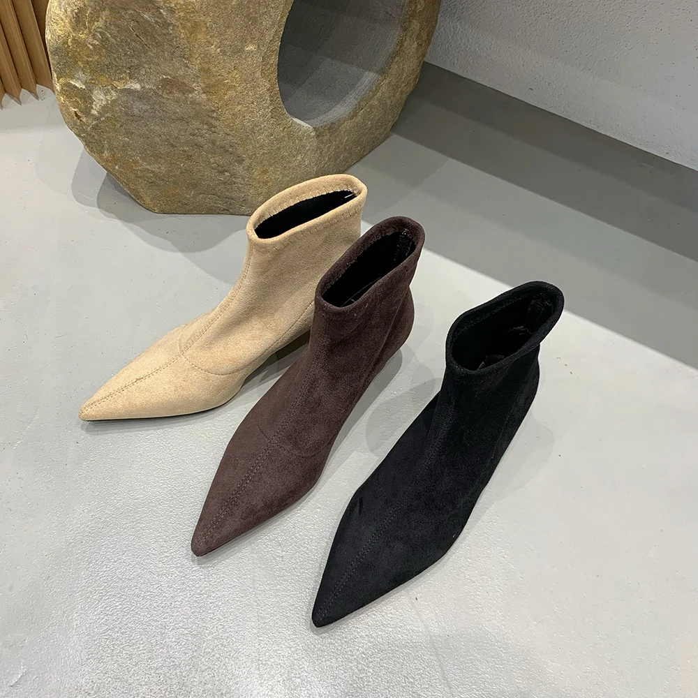 

2022 New Arrivals Sock Boots For Women Pointed Toe Flock Black Beige Brown Thin Mid Heels Slip On Dress Shoes Woman Size 35-39