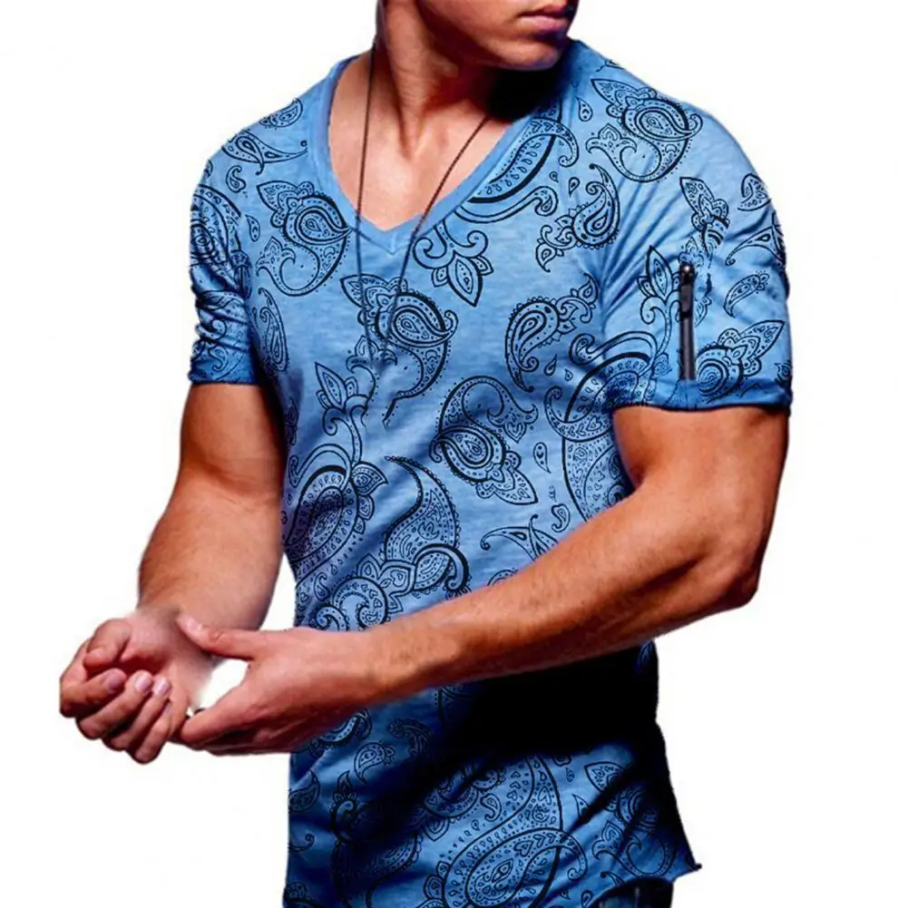 

Casual Mens Striped T-shirts Summer Tops V Neck Slim Fit Breathable Cashew Nut Flower Print Men T-shirt Shirts Men Streetwear