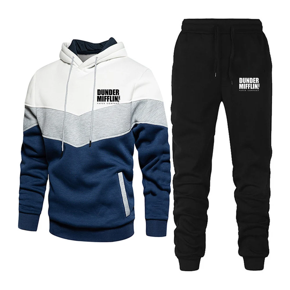 

DUNDER MIFFLIN PAPER INC Office TV Show Printing New Men's Spring Autumn Three-color Stitching Hoodie + Pants Sports 2-piece Set