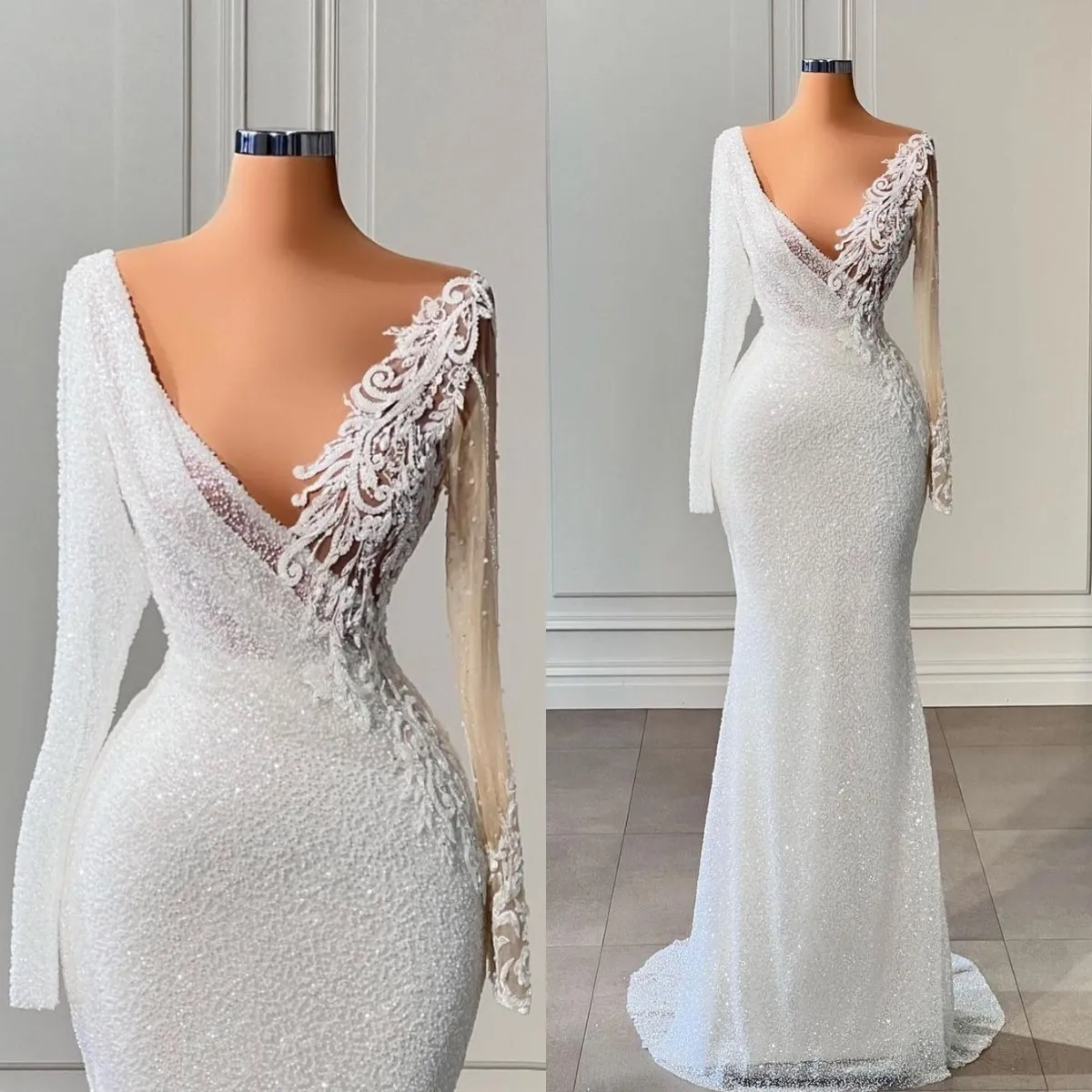 

Sparkle Glitter Evening Dresses for Women Mermaid Prom Gowns Long Sleeve Lace Applique Party Outfits Ladies Formal Dress