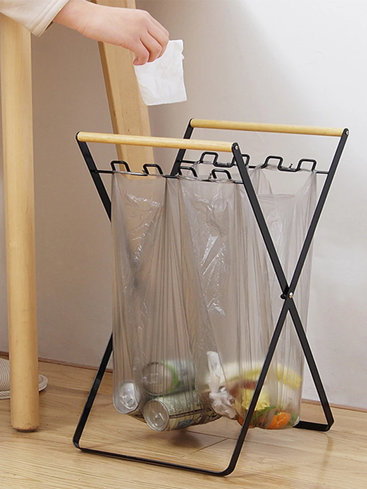 

Foldable Trash Bag Rack Iron Portable Multifunctional Kitchen Debris Storage Racks with Hook Household Garbage Storage Organizer