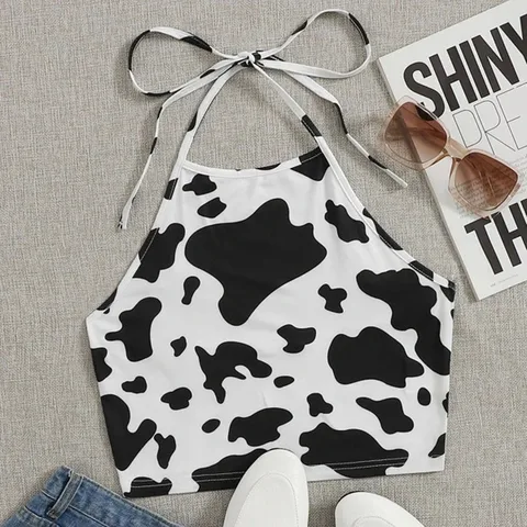 Женский винтажный топик с коровьим принтом, повседневный летний укороченный топ без рукавов, майка-халтер, уличная одежда