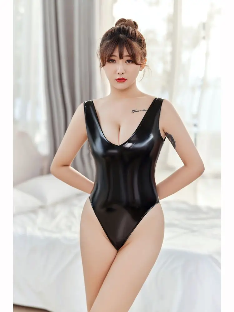 Мокрый Вид ПВХ костюм кошки без рукавов Блестящий женский купальник колготки