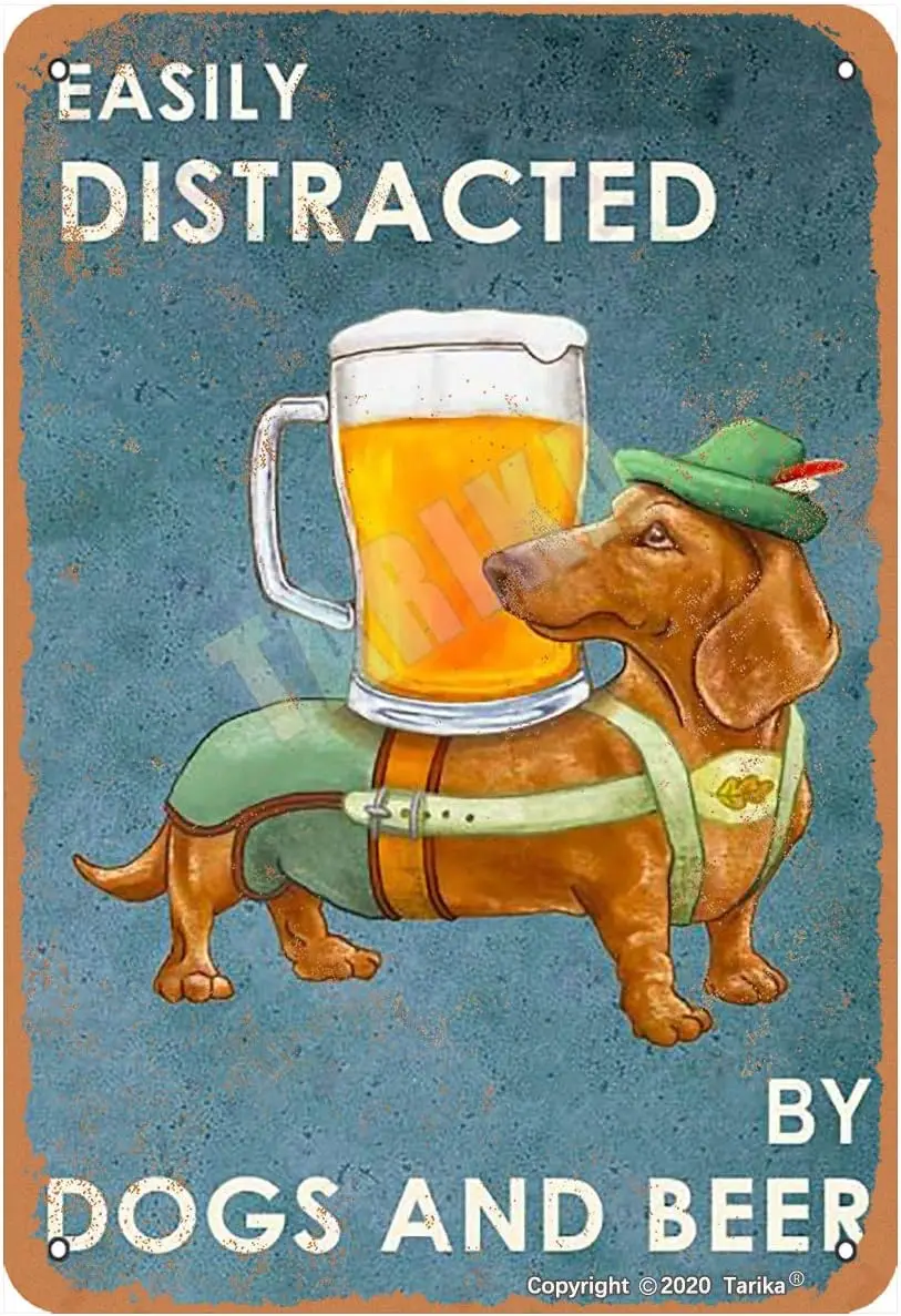 Esly Dstrcted by Dogs nd Beer Dchshund Metl Retro Look 20X30 см Decorton Плакат Sgn для дома Ktchen Broom Frm Grden Grge