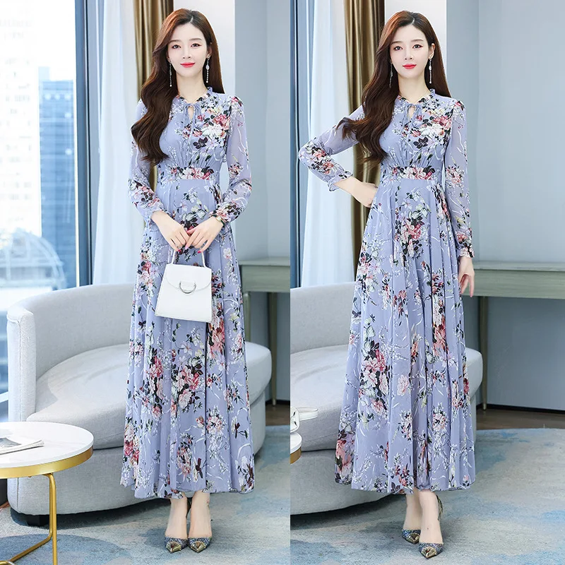 Muslim High Quality Floral Chiffon Women Maxi Dress 2023 Vintage Long Sleeve Party Dress Spring Autumn Boho Beach Muslim Dress