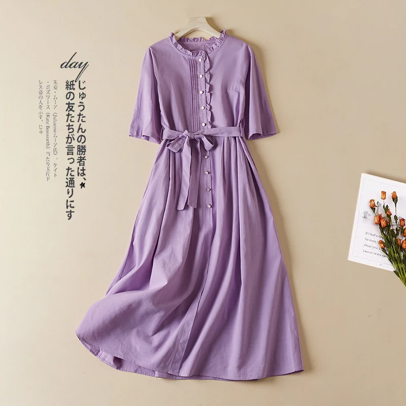 

Patchwork Cotton Blend Edible Tree Fungus Folds Chic Purple Summer Dress Belt Office Lady Work Dress Fashion Women Casual Dress