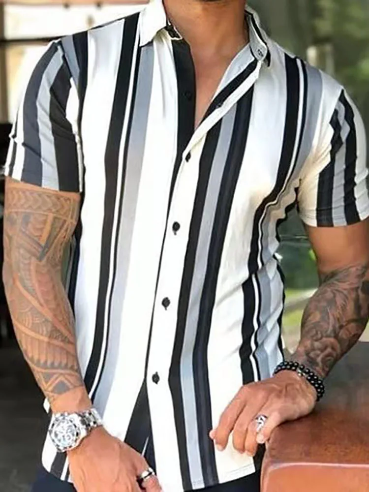 

Summer Streetwear Polo Shirts Casual New Mens Lapel Polos Striped Printed T-shirts Short Sleeve All Match Turn Down Collar Tops
