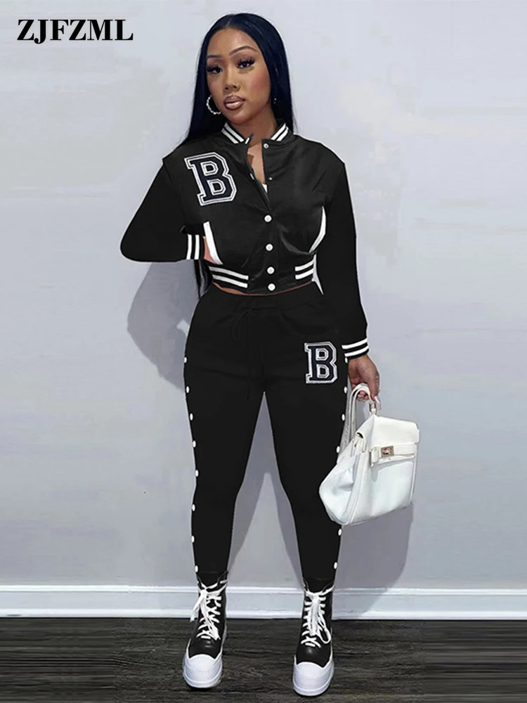 

Preppy Style Women's Baseball Varsity Tracksuits Casual Letter Print Long Sleeve Jacket and Side Button Spliced Jogger Trousers