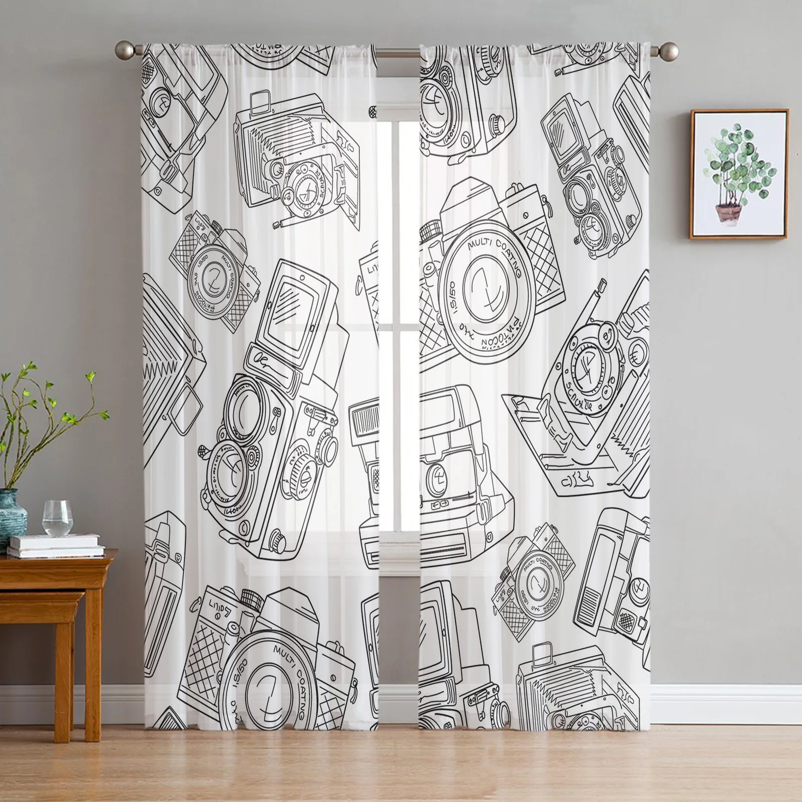 

Фотокамера с изображением часов, тюлевые прозрачные шторы для гостиной, фотография, драпировка из тонкой ткани для спальни