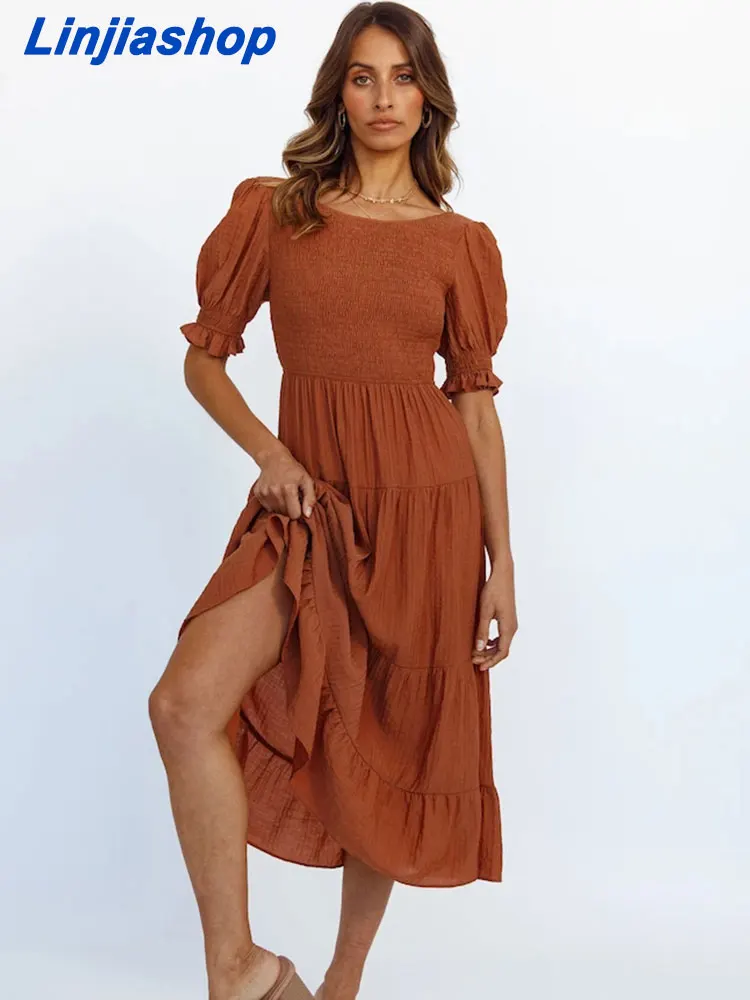 

Платье женское длинное с коротким рукавом, модное повседневное вечернее с пышными рукавами, с поясом на резинке, в стиле ретро