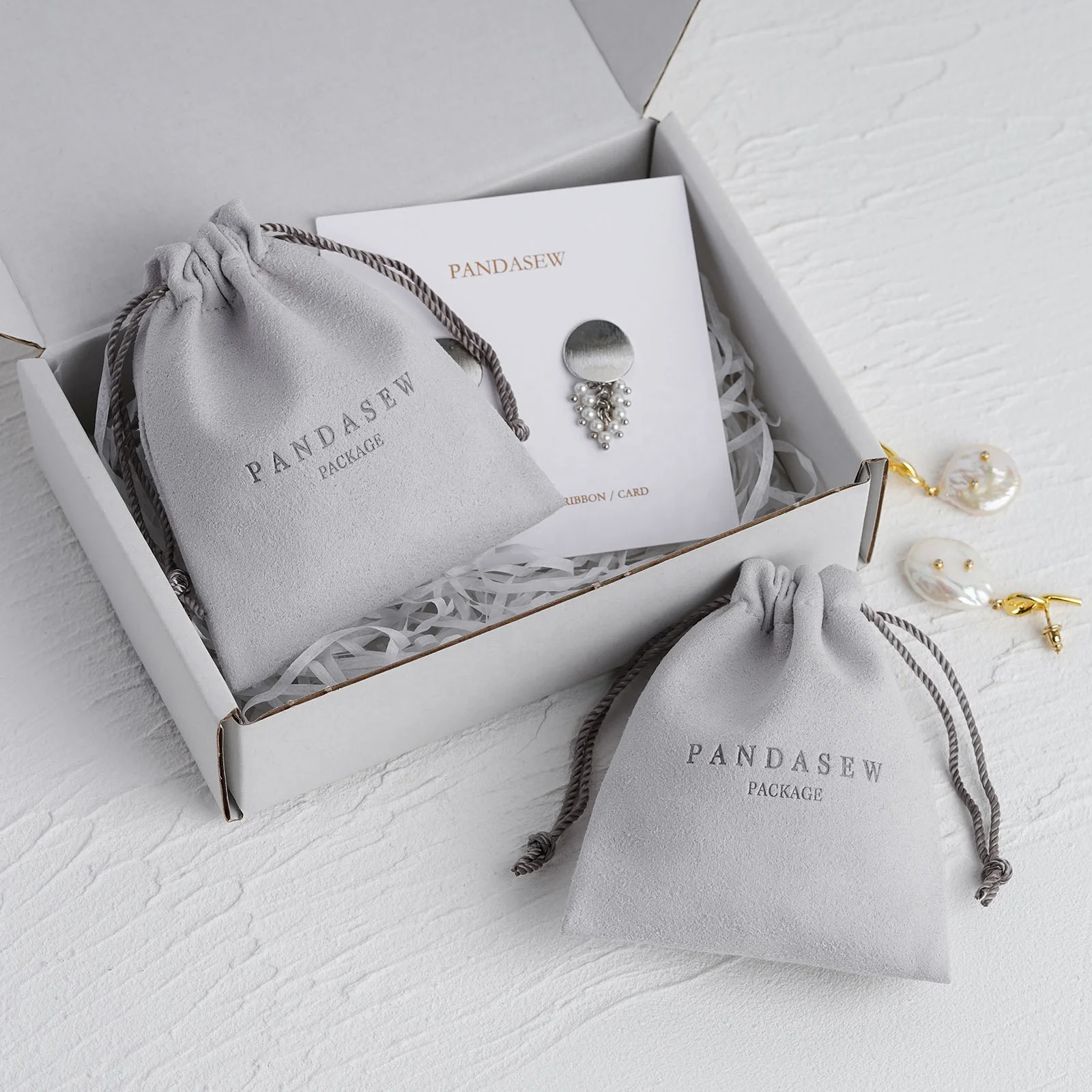 50PCS Custom Logo Luxury Gray Microfiber Drawstring Bag Gift Packaging Jewelry Pouch