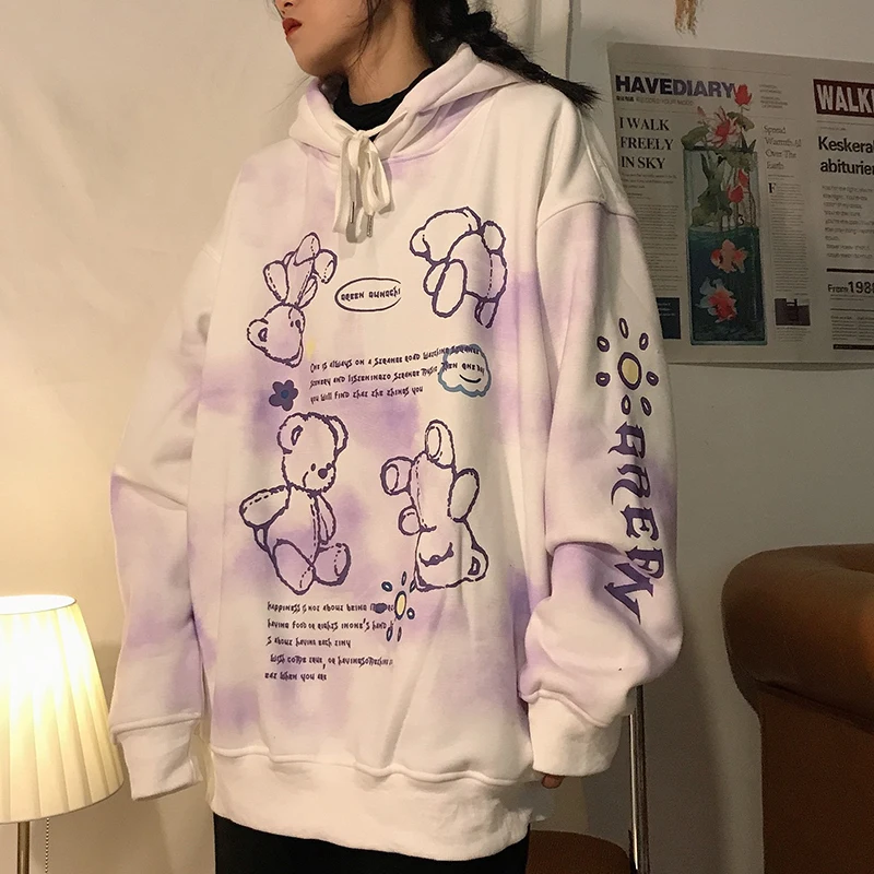 

Women Pink Cute Bear Print Tie Dye Hoodie Sweatshirt Hooded Harajuku Vintage 2021 Spring Autumn Oversized Pullover Teen Clothing