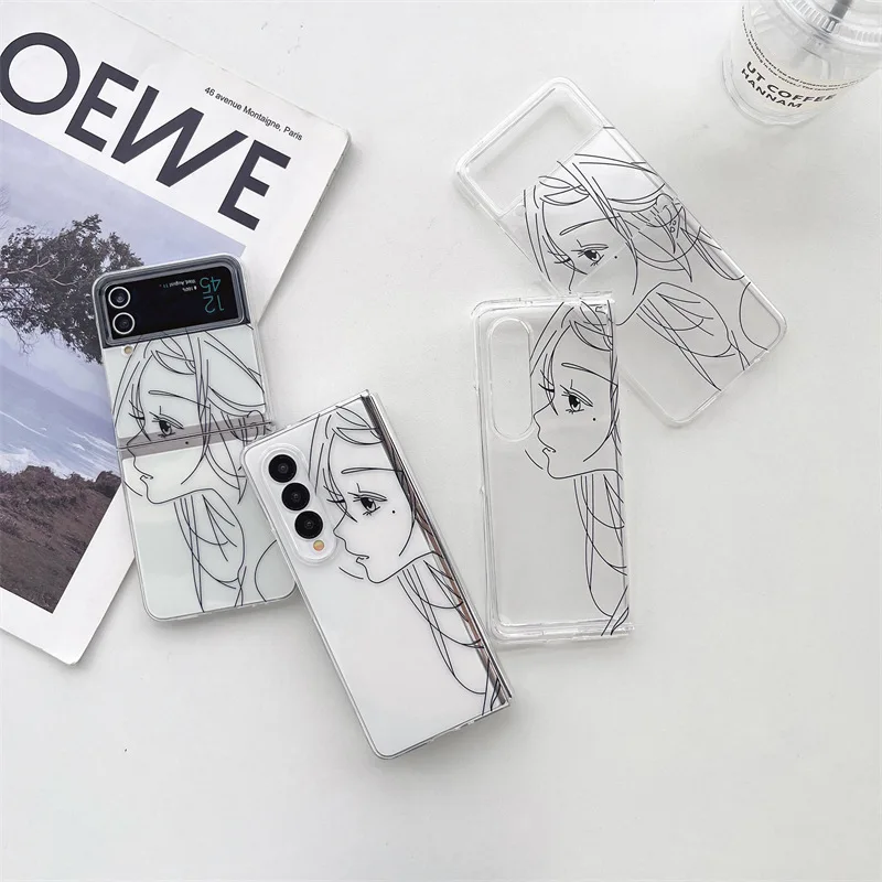

Line Sketch Girl Phone Case for Samsung Galaxy Z Flip 3 Z Flip 4 Hard PC Back Cover for ZFlip3 ZFlip4 Shell Z Fold 3 Z Fold 4