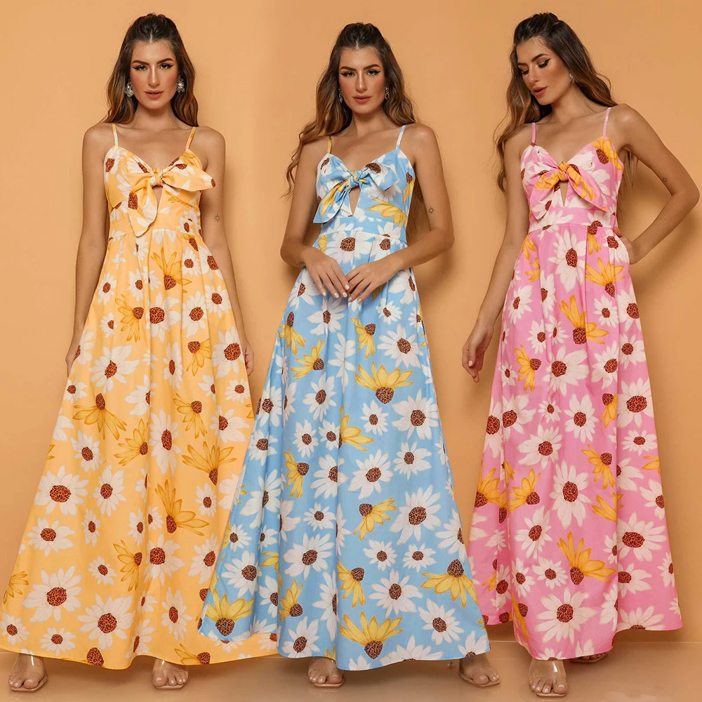 

Pink Blue Yellow Elegant Flora Dress For Women Daisy Flower Beautiful Summer Sundresses 2022 Fashion Long Skirt Robe Female S M