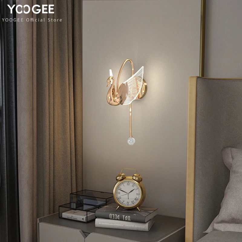 

Swan design LED Wall Sconce For Bedside Living Room Luxury Golden Acrylic Wall Light Fixtures Indoor Home Decor LED Wall Lamps