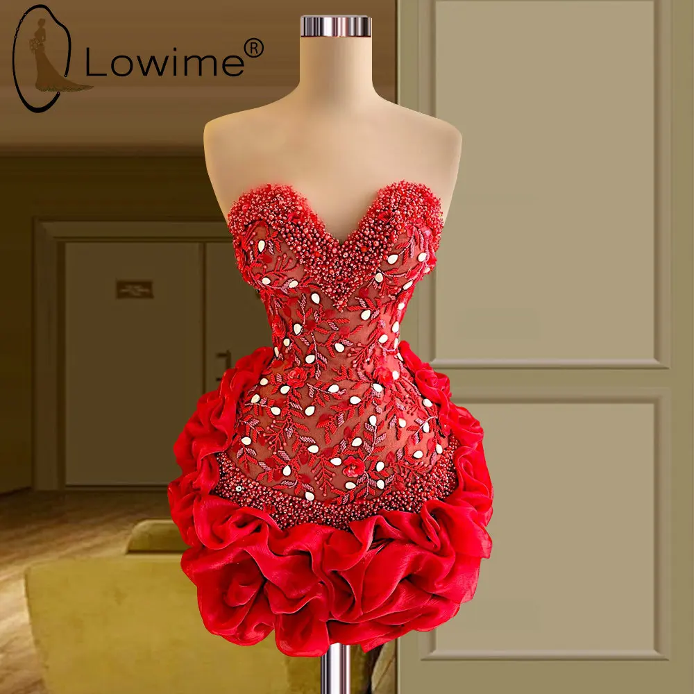 

Lowime красные короткие платья с оборками для выпускного вечера 2022 милое платье с вырезом под горло с жемчужинами и кристаллами коктейльное ве...