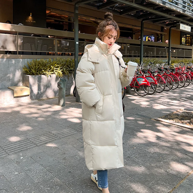 2022 Korean X-Long Jacket Women Winter Solid Color Hooded Thicken Warm Female Snow Wear Coat Padded Loose Clothes