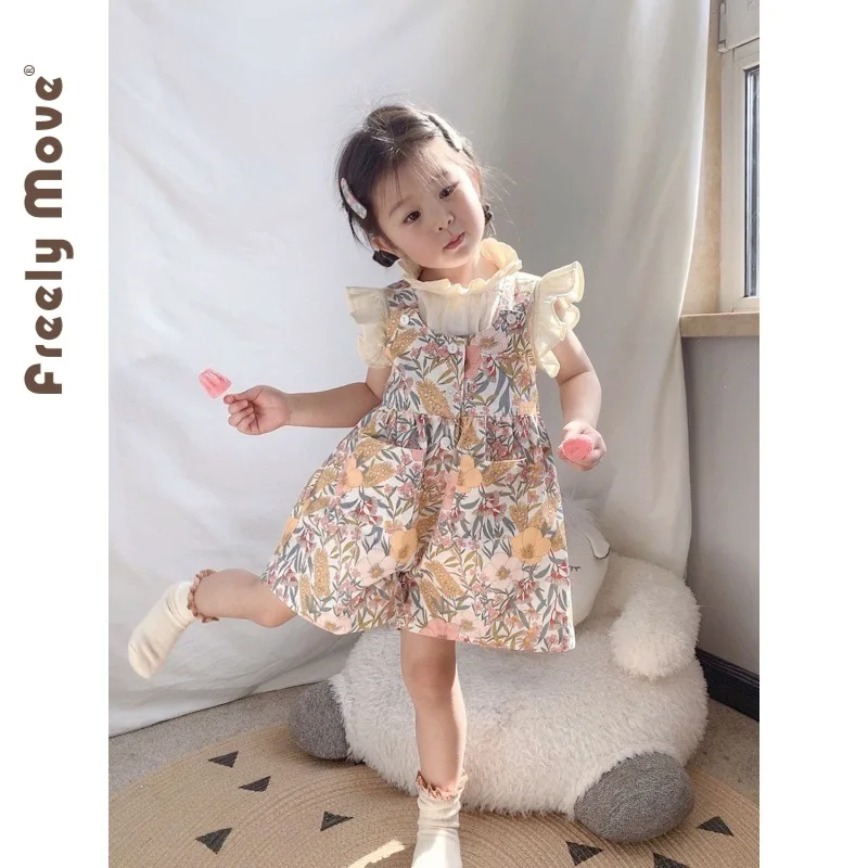 

2023 Summer Baby Girl Clothing Sets Children Solid Sleeveless Shirts Floral Overalls 2pc Kids Clothes Sweet Girls Suit