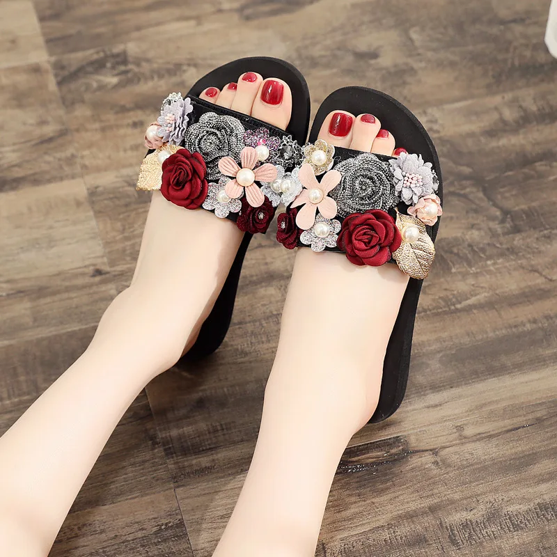 

Summer Fashion Handmade Pearl Flower Color Matching Women's Slippers Thick Bottom Wedge Heel Non-Slip All-Match Beach Shoes