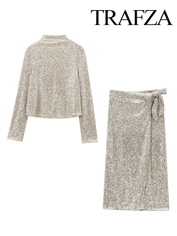 TRAFZA женская юбка комплект из 2 предметов модная водолазка с блестками тонкий топ +